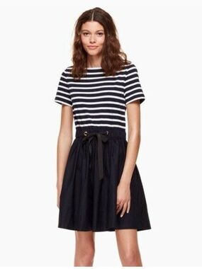 KATE SPADE Stripe Mixed Media Fit Flare Mini Dress